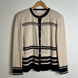 Vintage St. John Collection Striped Knit Cardigan Beige Black Gold Buttons Sz 12